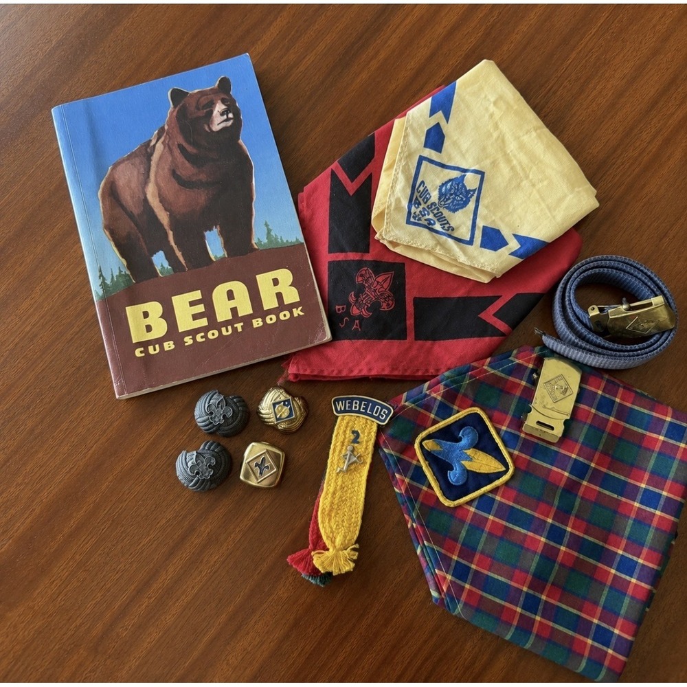Vintage Boy Scouts Cub Scouts Lot 1965 Bear Book Belt Neckerchiefs Webelos BSA